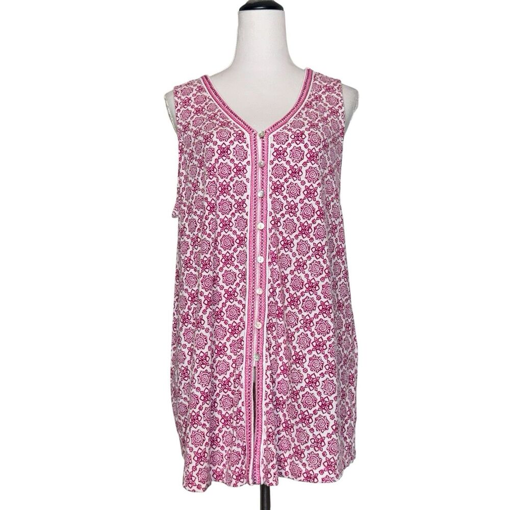 J. Jill Moroccan Tile Button Front V-neck Tunic Top Size L Pink White Sleeveless - Picture 1 of 8